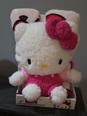 Hello Kitty Plush And Throw Set - White & Hot Pink Soft Stuffed Character